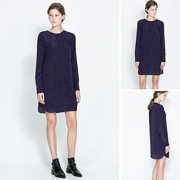 Zara Silk Dress Geometric Print Shift Dress Size M - Picture 1 of 8